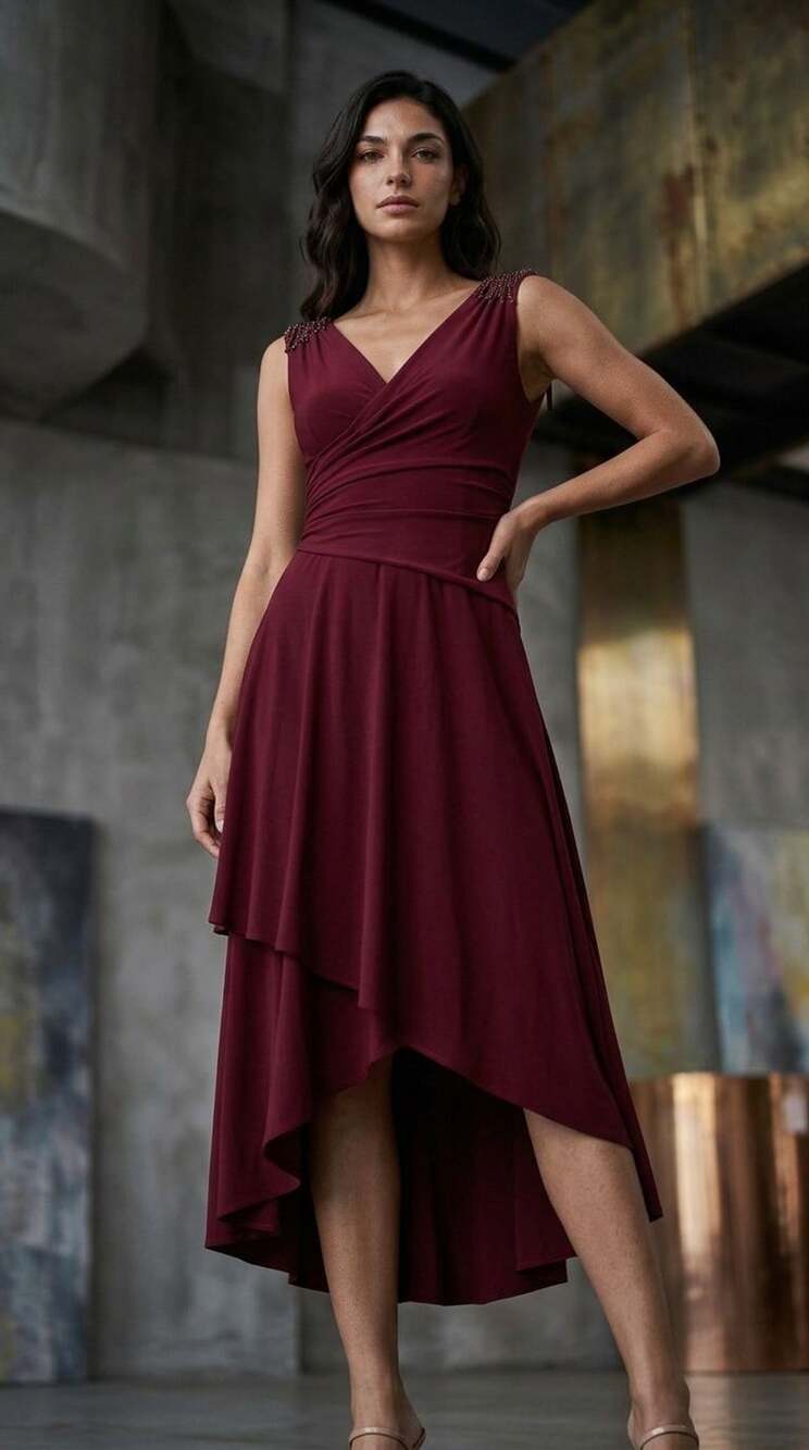S.L. Fashions Midi Dress Size 4P Burgundy Sleeveless Asymmetrical Ruched